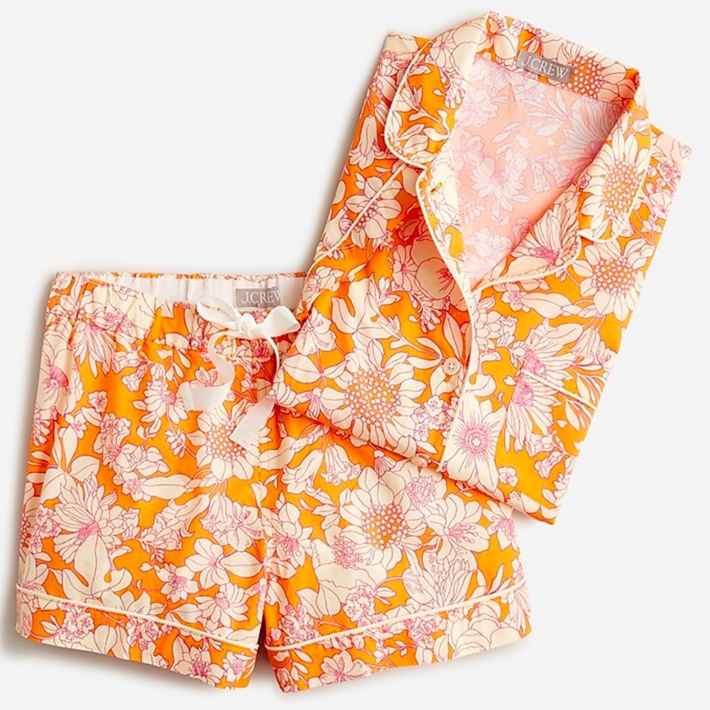 Short-sleeve cotton poplin pajama set in orange floral